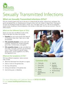 Sexually Transmitted Infections What are Sexually Transmitted Infections (STIs)? STIs are caused by germs that live on the skin or in body fluids like semen, vaginal fluid, and blood. The germs are passed from an infecte