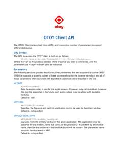 OTOY Client API The OTOY Client is launched from a URL, and supports a number of parameters to support different behaviour. URL Syntax The URL to access the OTOY client is built up as follows: