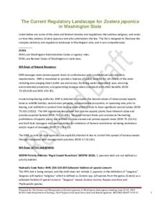 The Current Regulatory Landscape for Zostera japonica in Washington State Listed below are some of the state and federal statutes and regulations that address eelgrass, and notes on how they address Zostera japonica and 