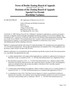 Town of Berlin Zoning Board of Appeals Rensselaer County, New York Decision of the Zoning Board of Appeals Special Use Permit Hardship Variance