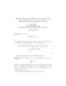 Tauber’s theorem and Karamata’s proof of the Hardy-Littlewood tauberian theorem Jordan Bell  Department of Mathematics, University of Toronto October 12, 2014