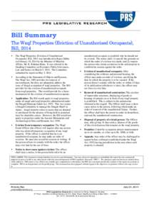 Microsoft Word - Bill Summary -- The Waqf Properties _Eviction of unautorised occupants_, Bill, 2014