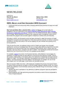 NEWS RELEASE CONTACTS: Bruce M. Lee, Mercer 