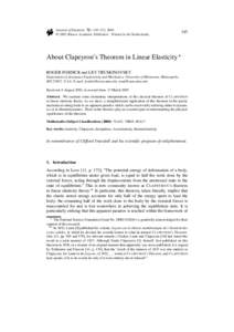 Journal of Elasticity 72: 145–172, 2003. © 2003 Kluwer Academic Publishers. Printed in the NetherlandsAbout Clapeyron’s Theorem in Linear Elasticity 