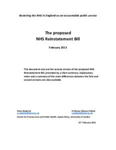 Restoring the NHS in England as an accountable public service  The proposed NHS Reinstatement Bill February 2015