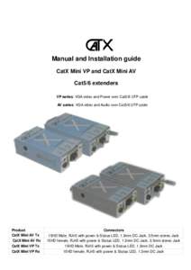 Manual and Installation guide CatX Mini VP and CatX Mini AV Cat5/6 extenders VP series: VGA video and Power over Cat5/6 UTP cable AV series: VGA video and Audio over Cat5/6 UTP cable
