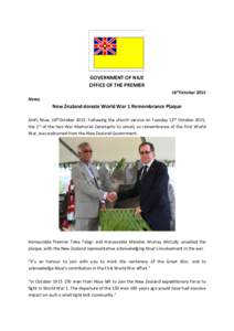 GOVERNMENT OF NIUE OFFICE OF THE PREMIER 16thOctober 2015 News;  New Zealand donate World War 1 Remembrance Plaque