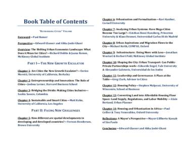 Book Table of Contents “R ETHINKING C ITIES ” V OLUME Foreword—Paul Romer Perspective—Edward Glaeser and Abha Joshi-Ghani Overview: The Shifting Urban Economics Landscape: What