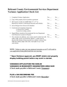 Beltrami County Environmental Services Department Variance Application Check List 1. Completed Variance Application: Yes ___