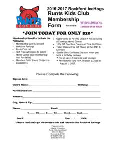 Rockford IceHogs  Runts Kids Club Membership Form Presented By