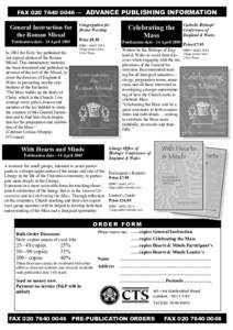 FAX — ADVANCE PUBLISHING INFORMATION  General Instruction for the Roman Missal Publication date - 14 April 2005