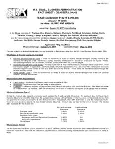 Date: U.S. SMALL BUSINESS ADMINISTRATION FACT SHEET - DISASTER LOANS TEXAS Declaration #15274 & #Disaster: TX-00487)