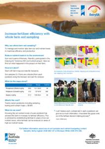 Increase fertiliser efficiency with whole farm soil sampling Why use whole farm soil sampling? To manage and monitor dairy farm soil and nutrient levels to maximise efficiency and production Reduce nutrient loads in to t