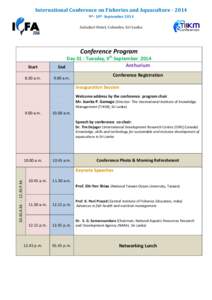 International Conference on Fisheries and Aquaculture[removed]9th- 10th September 2014 Galadari Hotel, Colombo, Sri Lanka Conference Program Start