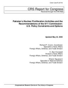 Pakistan's Nuclear Proliferation Activities and the Recommendations of the 9/11 Commission: U.S. Policy Constraints and Options