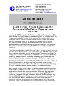 Media Release - Board Member Hyland Encouraged by Success of SBA Patriot Express Loan Initiative