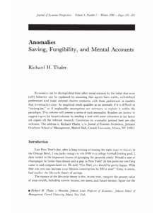 Anomalies: Saving, Fungibility, and Mental Accounts