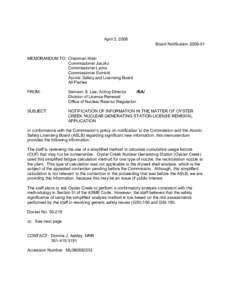 Board Notification Oyster Creek License Renewal.
