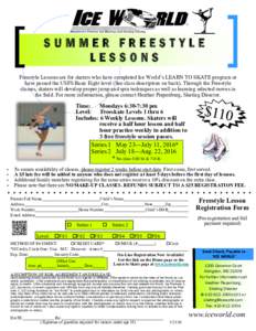 SUMMER FREESTYLE LESSONS Freestyle Lessons are for skaters who have completed Ice World’s LEARN TO SKATE program or have passed the USFS Basic Eight level (See class description on back). Through the Freestyle classes,