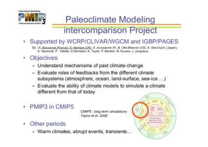 Paleoclimate Modeling intercomparison Project • Supported by WCRP/CLIVAR/WGCM and IGBP/PAGES SC : P. Braconnot (France); S: Harrison (UK), S. Joussaume (F), B. Otto-Bliesner (US), A. Abe-Ouchi, (Japan), A. Haywood, P .