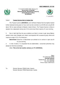 MOST IMMEDIATE / BY FAX F.2 (ENDMA (MW/ Advisory-21) Government of Pakistan National Disaster Management Authority (Prime Minister’s Office) ISLAMABAD