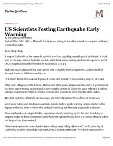US Scientists Testing Earthquake Early Warning - NYTimes.com:49 AM September 20, 2011