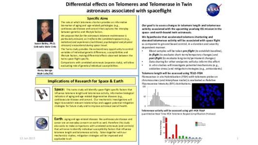 Differential effects on Telomeres and Telomerase in Twin astronauts associated with spaceflight Specific Aims Susan Bailey, Ph.D. Colorado State Univ