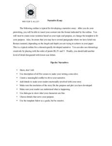   Narrative Essay The following outline is typical for developing a narrative essay. After you do your prewriting, you will be able to insert your content into the format indicated by the outline. You will want to creat