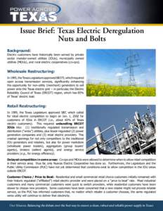 Issue Brief: Texas Electric Deregulation Nuts and Bolts Background: Electric customers have historically been served by private sector investor-owned utilities (IOUs), municipally owned