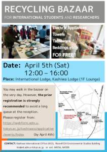 Kashiwa Campus Recycling Bazaar for International Students and Researchers ~Especially for Newcomer Students!~