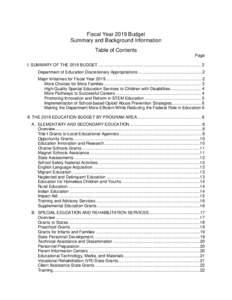 Fiscal Year 2019 Budget Summary and Background Information Table of Contents Page I. SUMMARY OF THE 2019 BUDGET ....................................................................................... 2 Department of Educ