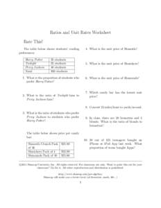 Ratios and Unit Rates Worksheet Rate This! The table below shows students’ reading preferences: Harry Potter Twilight