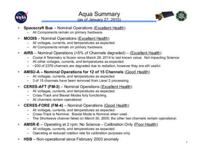 Aqua Summary (as of January 27, 2015) •  Spacecraft Bus – Nominal Operations (Excellent Health) ‒  All Components remain on primary hardware.  •  MODIS – Nominal Operations (Excellent Health)