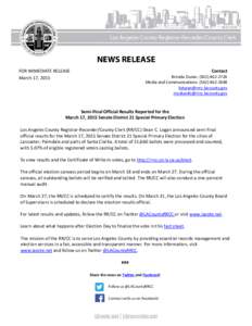 FOR IMMEDIATE RELEASE March 17, 2015 Contact Brenda Duran: (Media and Communications: (