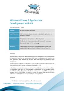 CodeValue C o lleg e Windows Phone 8 Application Development with C# Course Summary Table