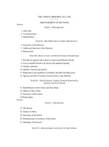 THE ANIMAL BREEDING ACT, 2001 _________ ARRANGEMENT OF SECTIONS. Section. PART I—PRELIMINARY. 1. Short title.
