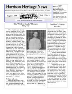 Published monthly by Harrison County Historical Society, PO Box 411, Cynthiana, KY, Vol. 7 No. 8 August 2006