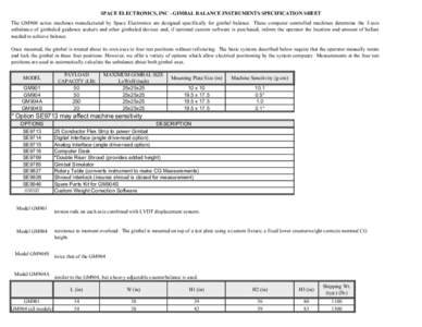 SPACE ELECTRONICS, INC - GIMBAL BALANCE INSTRUMENTS SPECIFICATION SHEET The GM900 series machines manufactured by Space Electronics are designed specifically for gimbal balance. These computer controlled machines determi