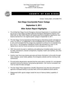 San Diego Countywide Power Outage September 8, 2011 Fact Sheet for Public Distribution COUNTY OF SAN DIEGO Contact: Tammy Glenn, ([removed]