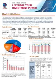 May 2014 Highlights The notional and premium traded in Hong Kong listed stock options increased by 3% and 27.6% YoY in May, despite the market activities slowed down when compared to April. The contract volume of China O