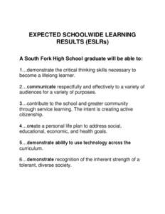 EXPECTED SCHOOLWIDE LEARNING RESULTS (ESLRs) A South Fork High School graduate will be able to: 1…demonstrate the critical thinking skills necessary to become a lifelong learner. 2…communicate respectfully and effect