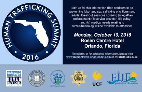 Join us for this information-filled conference on preventing labor and sex trafficking of children and adults. Breakout sessions covering (i) legal/law enforcement; (ii) service provider; (iii) policy; and (iv) medical n
