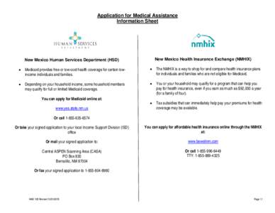 Application for Medical Assistance Information Sheet New Mexico Health Insurance Exchange (NMHIX)  New Mexico Human Services Department (HSD)