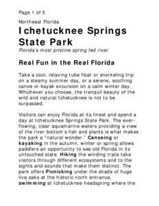Page 1 of 5 Northeast Florida Ichetucknee Springs State Park Florida’s most pristine spring fed river