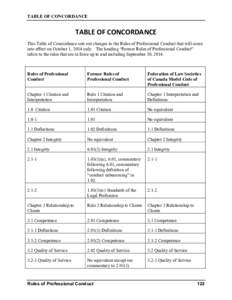 TABLE OF CONCORDANCE  TABLE OF CONCORDANCE This Table of Concordance sets out changes to the Rules of Professional Conduct that will come into effect on October 1, 2014 only. The heading “Former Rules of Professional C