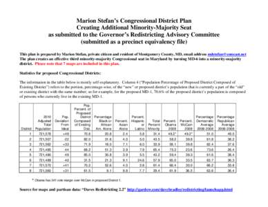 Marion Stefan’s Congressional District Plan Creating Additional Minority-Majority Seat as submitted to the Governor’s Redistricting Advisory Committee (submitted as a precinct equivalency file) This plan is prepared 