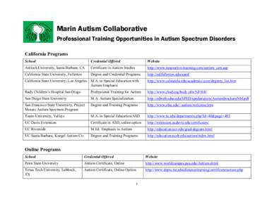 Marin Autism Collaborative Professional Training Opportunities in Autism Spectrum Disorders California Programs School  Credential Offered