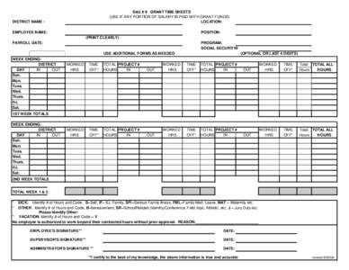 SAU # 9 GRANT TIME SHEETS (USE IF ANY PORTION OF SALARY IS PAID WITH GRANT FUNDS) LOCATION: DISTRICT NAME : EMPLOYEE NAME: