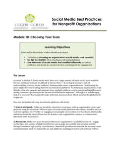    Social Media Best Practices for Nonprofit Organizations  Module 10: Choosing Your Tools
