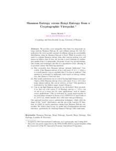 Shannon Entropy versus Renyi Entropy from a Cryptographic Viewpoint ? Maciej Sk´orski ??  Cryptology and Data Security Group, University of Warsaw